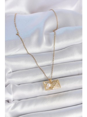 316L Çelik Gold Renk Zincir Zirkon Taşlı Açılır Incili Elmas Model Kadın Kolye