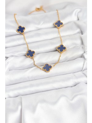 316L Çelik Zincir Gold Renk Lacivert Yonca Kadın Kolye