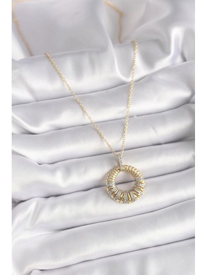 316L Çelik Gold Renk Zincir Gümüş Zirkon Taşlı Daire Model Kadın Kolye