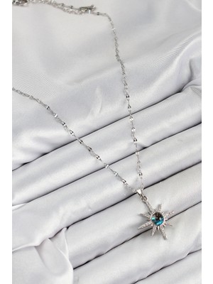 316L Çelik Zirkon Taşlı Kutup Yıldızı Model Gümüş Renk Kadın Kolye