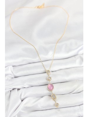 Pirinç Zincir Pembe Gold Renk Zirkon Taşlı Y Kolye
