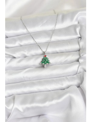 316L Çelik Zincir Gümüş Renk Çam Ağacı Model Yılbaşı Temalı Kadın Kolye