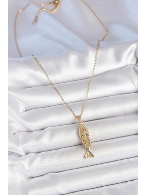 316L Çelik Zincir Gold Renk Zirkon Taşlı Balık Figürlü Kolye