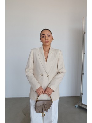 Özge Özgenç Kruvaze Keten Blazer Ceket