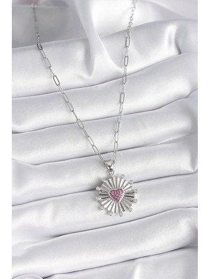 316L Çelik Gümüş Renk Pembe Zirkon Taşlı Kalp Işleme Madalyon Model Kadın Kolye