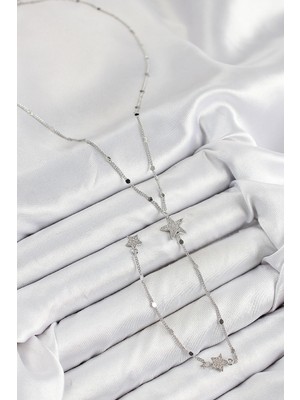 Pirinç Zirkon Taşlı Yıldız Model Gümüş Renk Y Kolye