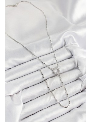 Pirinç Zirkon Taşlı Ezme Zincirli Kalp Model Gümüş Renk Y Kolye