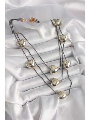 Pirinç Füme Renk Zincir 3D Gold Renk Kalp Model Kadın Kolye