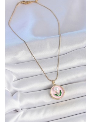 316L Çelik Gold Renk Zincir Pembe Mineli Incili Çiçek Işlemeli Portre Model Kadın Kolye