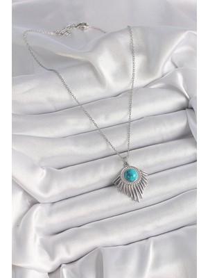 316L Çelik Gümüş Renk Zincir Mavi Boncuklu Zirkon Taşlı Kadın Kolye