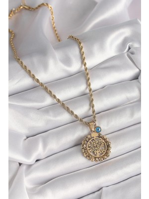 316L Çelik Gold Renk Burgu Zincir Dorika Yaşam Ağacı Figür Nazar Boncuk Detay Kadın Kolye
