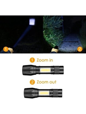 USB Şarjlı Zoomlu Mini El Feneri Q5 Güçlü Işık Yan Cob LED Sos Mod Kutulu Şarj Kablolu Set