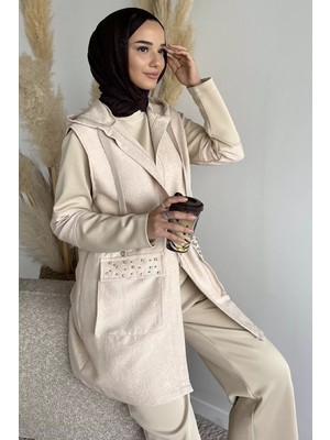 Julude Kapüşonlu Yelek Tunik Pantolon Tesettür Üçlü Takım P-00019185