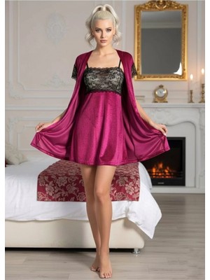 Marsilyan Fuşya Kadife Sabahlık & Gecelik Takım 2' Li - 1427