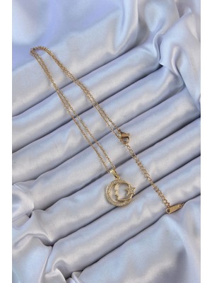 Eco Lounge 316L Çelik Zincir Altın Renk Zirkon Taşlı Ay Yıldız Simgeli Atatürk Kolye