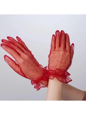 Eco Lounge Kısa Boy Likralı Güpürlü Yetişkin Tül Eldiven Kırmızı Renk