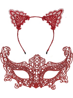 Eco Lounge Romantik Kırmızı Dantel Maske Seti – Kedi Kulaklı Taç ve Maske No 3