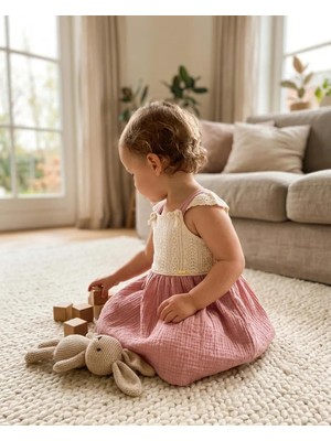 Bebüş Kız Bebek Pembe Müslin Elbise Dantel Detaylı Askılı Yazlık %100 Pamuk