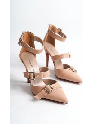 Ayakkabı Ateşi Kadın Topuklu Ayakkabı Sansa Nude Renk Suni Deri İnce Taban 10 cm