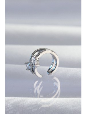 Pirinç Gümüş Renk Zirkon Taşlı Damla Earcuff Küpe