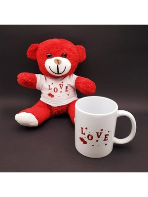 Love Tasarımlı Kupa Bardak ve Kırmızı Ayıcık Seti