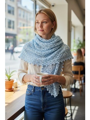 Tokuşka El Örgüsü Üçgen Örümcek Ağı Desenli Püsküllü Omuz Şalı