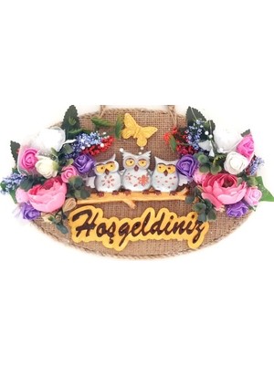 Baykuş Ailesi Hoşgeldiniz Yazılı Çiçekli El Yapımı Kapı Süsü