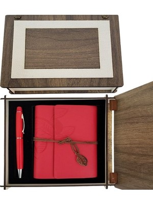 Özel Ahşap Kutulu Kırmızı Deri Defter ve Kalem Set