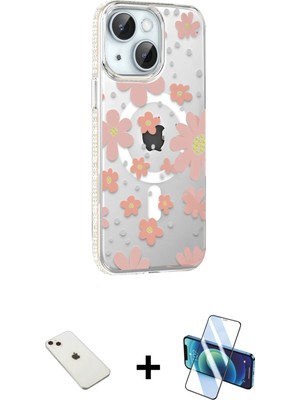 Cepte Toptan iPhone 14 Yörünge Işık Prime - Siyah 3D Antistatik Cam Ekran Koruyucu + Pembe Diamond Kamera Lens