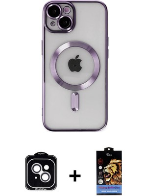 iPhone 14 Nova Işık Özel Seri - Siyah Buffer Hayalet Cam Ekran Koruyucu + Gümüş Pvd Metal Kamera Lens