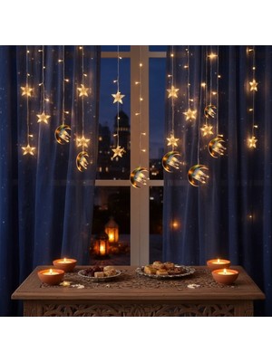 3 mt Fişli Hilal Cami Yıldız Ramazan Perde LED