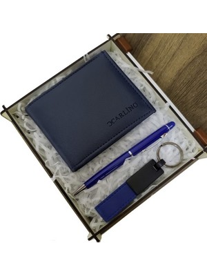 Mavi Cüzdan Kalem ve Deri Mavi Anahtarlık Set