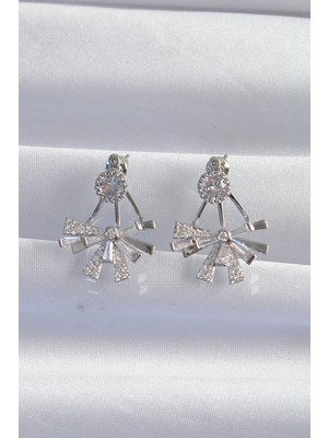 Pirinç Gümüş Renk Zirkon Taşlı Yassı Fiyonk Model Küpe