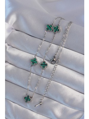 316L Çelik Gümüş Renk Minimal Yeşil Mineli Yonca Kolye