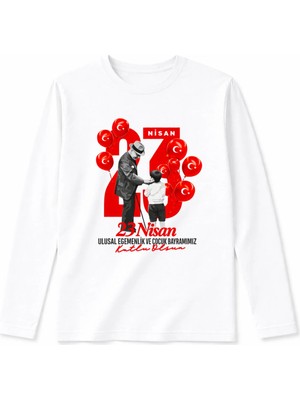 Efendioğlu Design Uzun Kollu Balonlar Çocuk ve Atatürk Baskılı Pamuklu 23 Nisan Özel Tasarım T-Shirt
