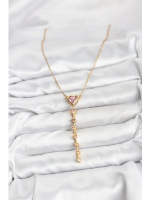 316L Çelik Zincir Gold Renk Pembe Kalp Kadın Kolye