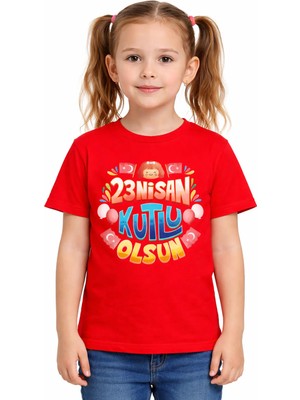 Efendioğlu Design Kısa Kollu Özel Çocuk 23 Nisan Kutlu Olsun Yazılı Çocuk T-Shirt