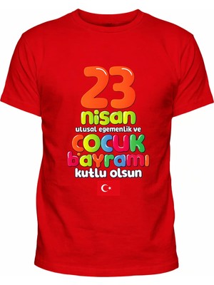 Efendioğlu Design Kısa Kollu Rengarenk 23 Nisan Kutlu Olsun Yazılı Bayraklı Çocuk Tişört