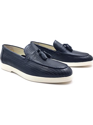 Marcomen M23038 Örgü Baskı Desenli Hakiki Deri Erkek Bağcıksız Lacivert Loafer Ayakkabı