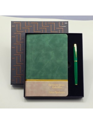 Yeşil Şeritli Defter ve Yeşil Metal Kalem Set