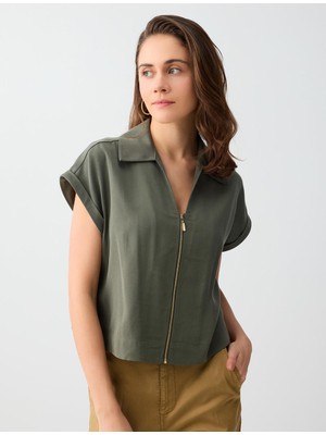 Jimmy Key Ada Çayı Yeşili Polo Yaka Fermuar Detaylı Dokuma Bluz