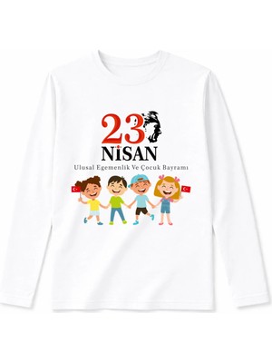 Efendioğlu Design Uzun Kollu El Ele 4 Çocuk Üstte Atatürk 23NISAN Baskılı Pamuklu Çocuk T-Shirt