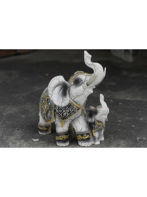 Elifeshop Lüks Nakış Işlemeli Anne ve Yavru Fil Heykeli Feng Shui Şans Getiren Dekoratif Masaüstü Biblo 17 Cm.