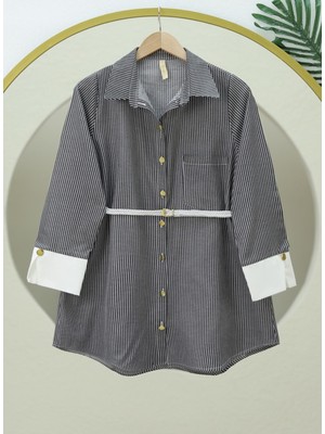 Modamorfo Çizgili Beli Bağcıklı Düğmeli Gömlek -Siyah