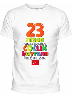 Efendioğlu Design Kısa Kollu Rengarenk 23 Nisan Kutlu Olsun Yazılı Bayraklı Çocuk Tişört