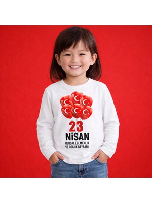 Efendioğlu Design Uzun Kollu Türk Bayraklı Balon Desenli 23 Nisan Çocuk Tişörtü Unisex Tişört