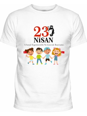 Efendioğlu Design Kısa Kollu El Ele 4 Çocuk Üstte Atatürk 23NISAN Baskılı Pamuklu Çocuk T-Shirt