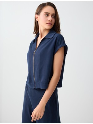 Jimmy Key Lacivert Polo Yaka Fermuar Detaylı Dokuma Bluz