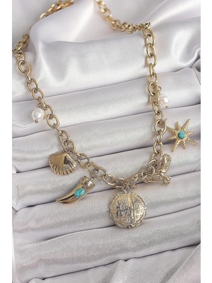 Eco Lounge 316L Çelik Gold Renk Zincir Sallantılı Çoklu Figür Model Kadın Kolye