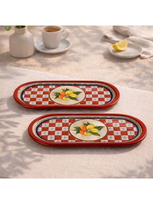 Sarkap Home 2'li Kırmızı Lemon Design Oval Sunumluk Tepsi 16x35 cm Metal Malzemeden Üretim